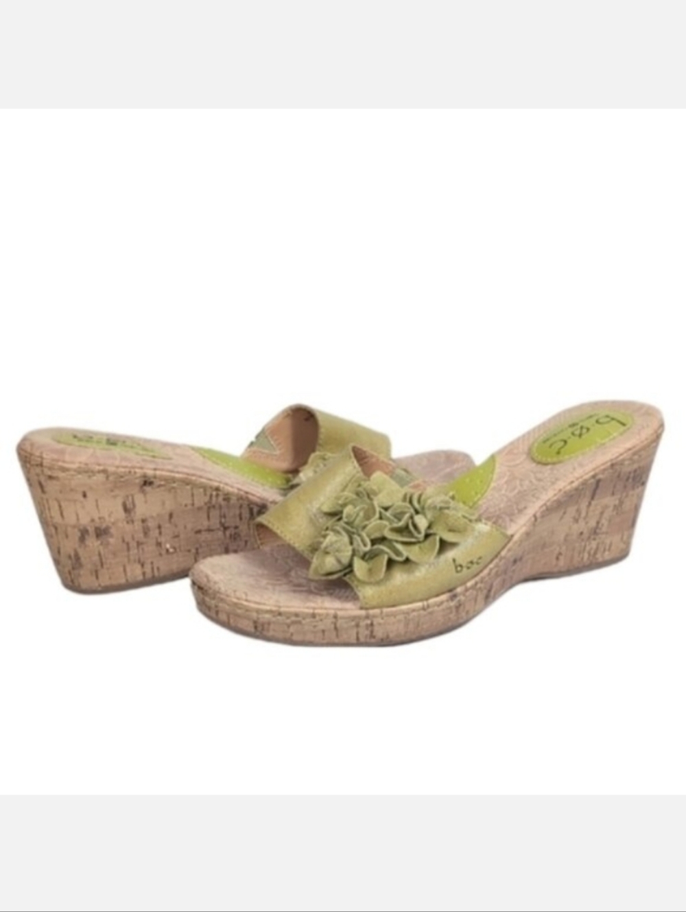 b.o.c. Leather Wedge Sandals Cork Platform Flower Arch Support Green Shoes 9